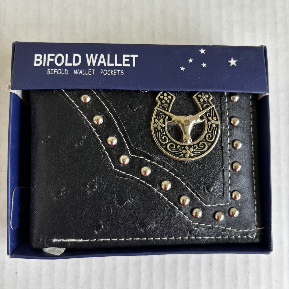 Western  Bifold Wallet Men Black Western Longhorn Horseshoe Studded Ostrich New